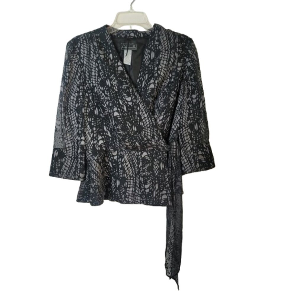 Alex Evenings Wrap Jacket Side Tie Women's Large Black Silver NWT